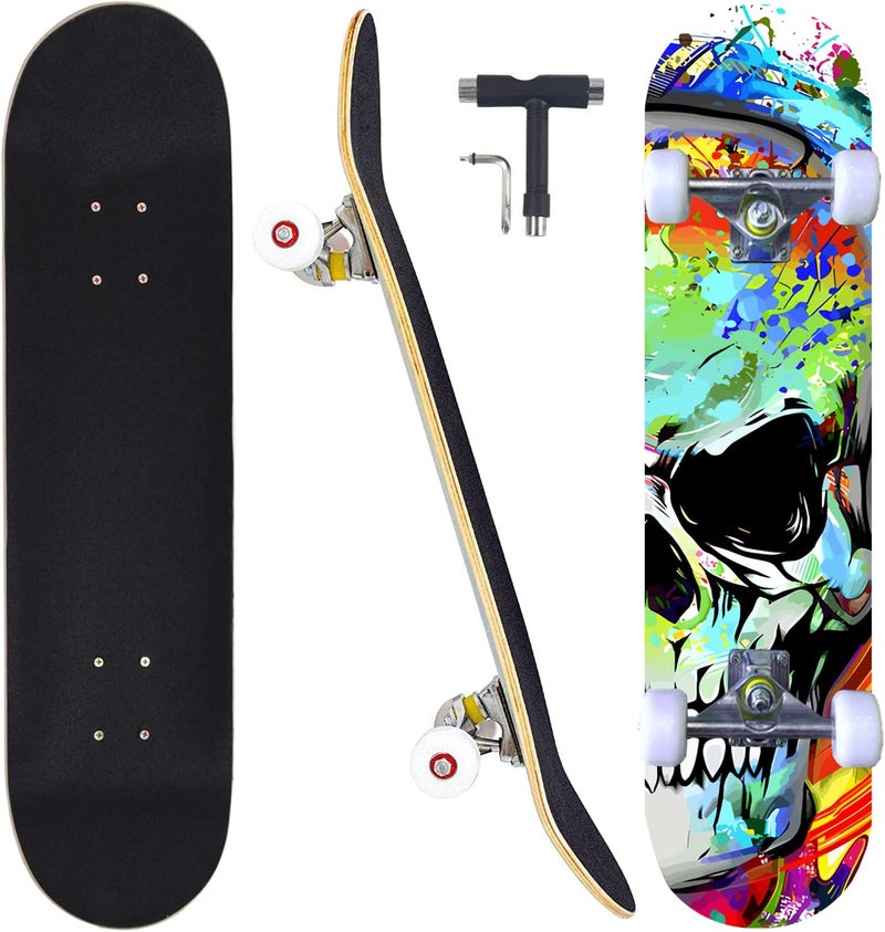 CAPARK Skateboards for Beginners Adults Youths Teens Kids Girls Boys 31 Inch Pro Complete Skate Boards 7 Layer Canadian Maple Double Kick Concave Longboards - Image 1